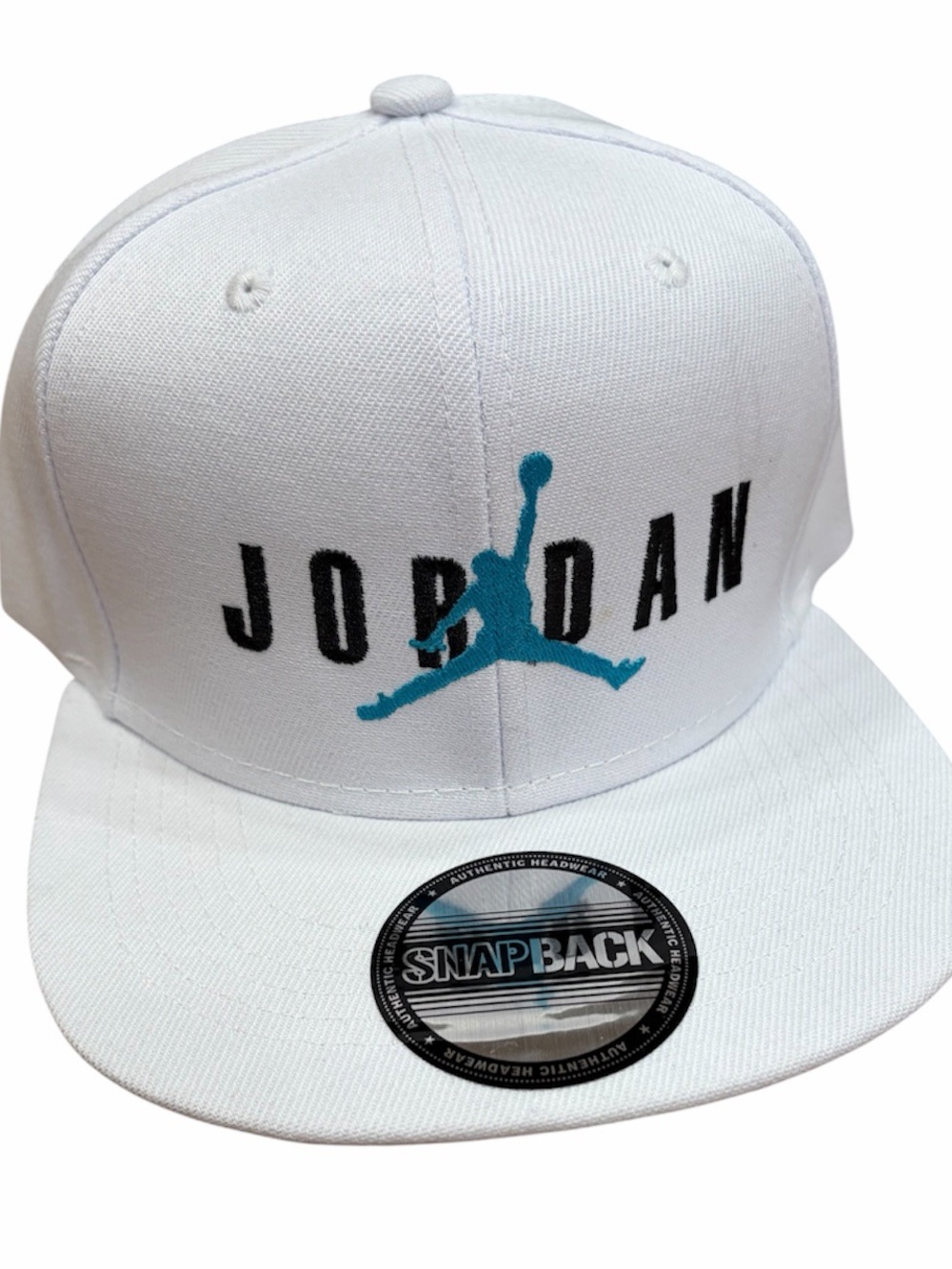Jordan White Snapback with Teal Jumpman and Black Lettering air Jordan SnapBack
